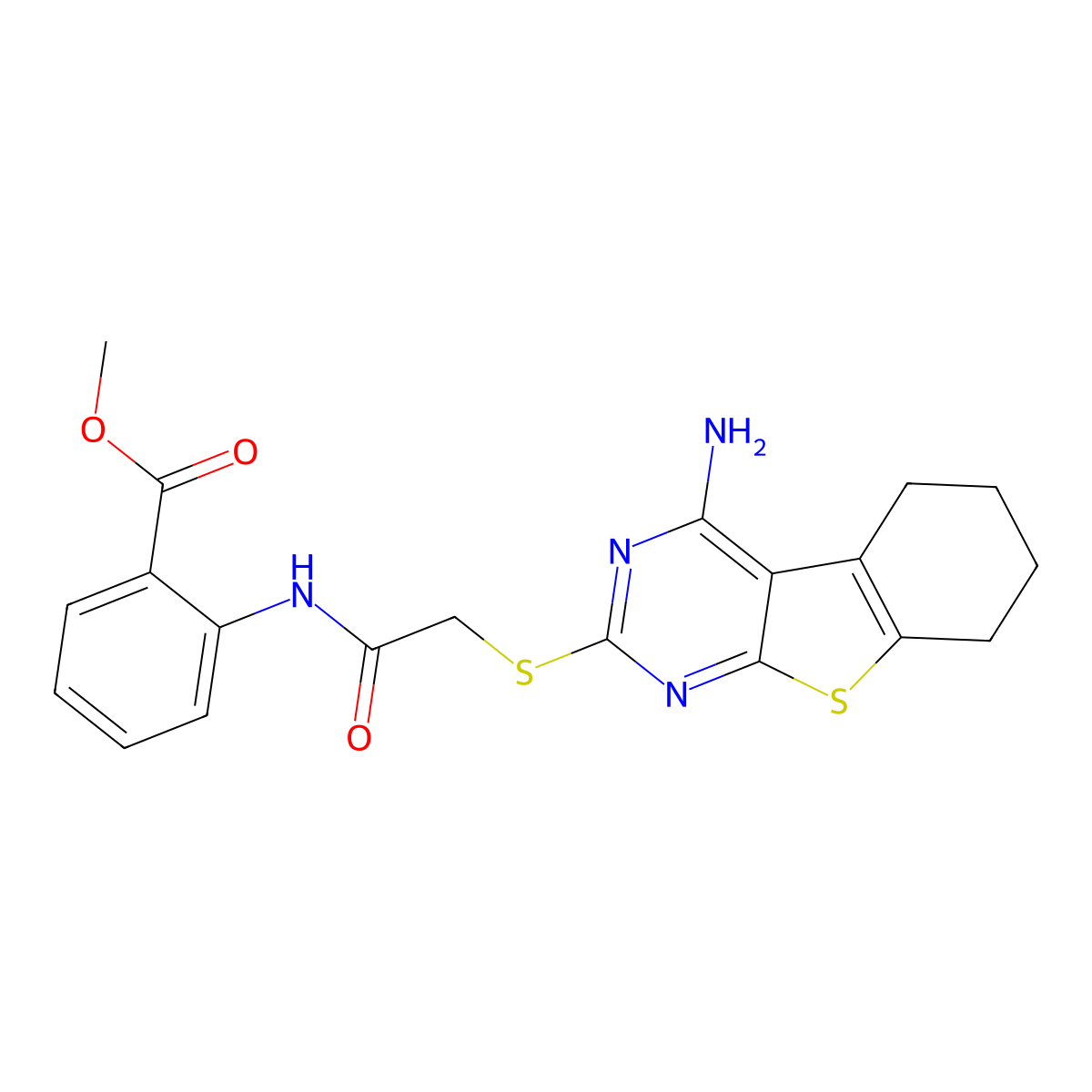 Methyl 2-({[(4-amino-5,6,7,8-tetrahydro[1]benzothieno[2,3-d]pyrimidin-2-yl)sulfanyl]acetyl}amino)benzoate molecular structure, CAS 489400-33-1