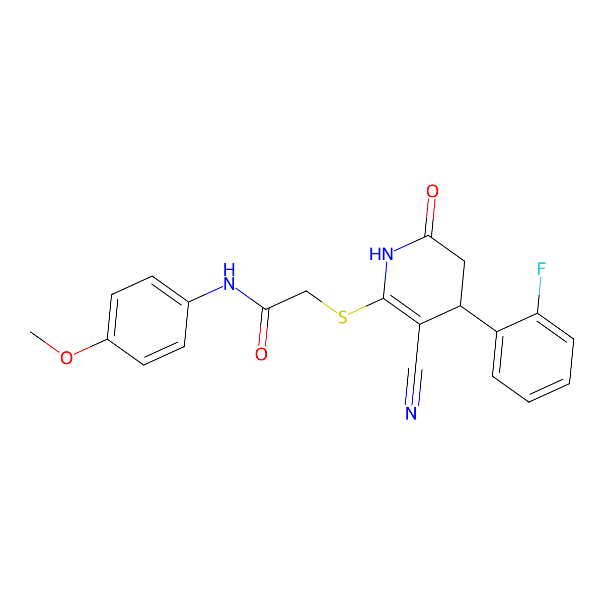 2-[[5-cyano-4-(2-fluorophenyl)-2-oxo-3,4-dihydro-1H-pyridin-6-yl]sulfanyl]-N-(4-methoxyphenyl)acetamide molecular structure, CAS 489400-78-4