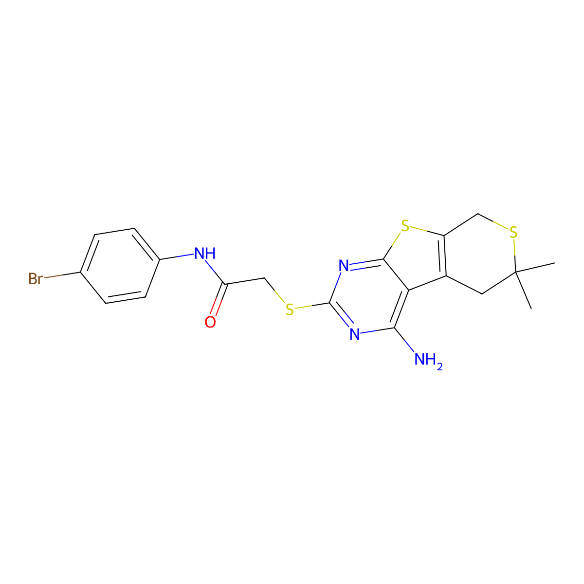 2-[(4-amino-6,6-dimethyl-5,8-dihydrothiopyrano[4,5]thieno[1,2-c]pyrimidin-2-yl)sulfanyl]-N-(4-bromophenyl)acetamide molecular structure, CAS 489401-05-0