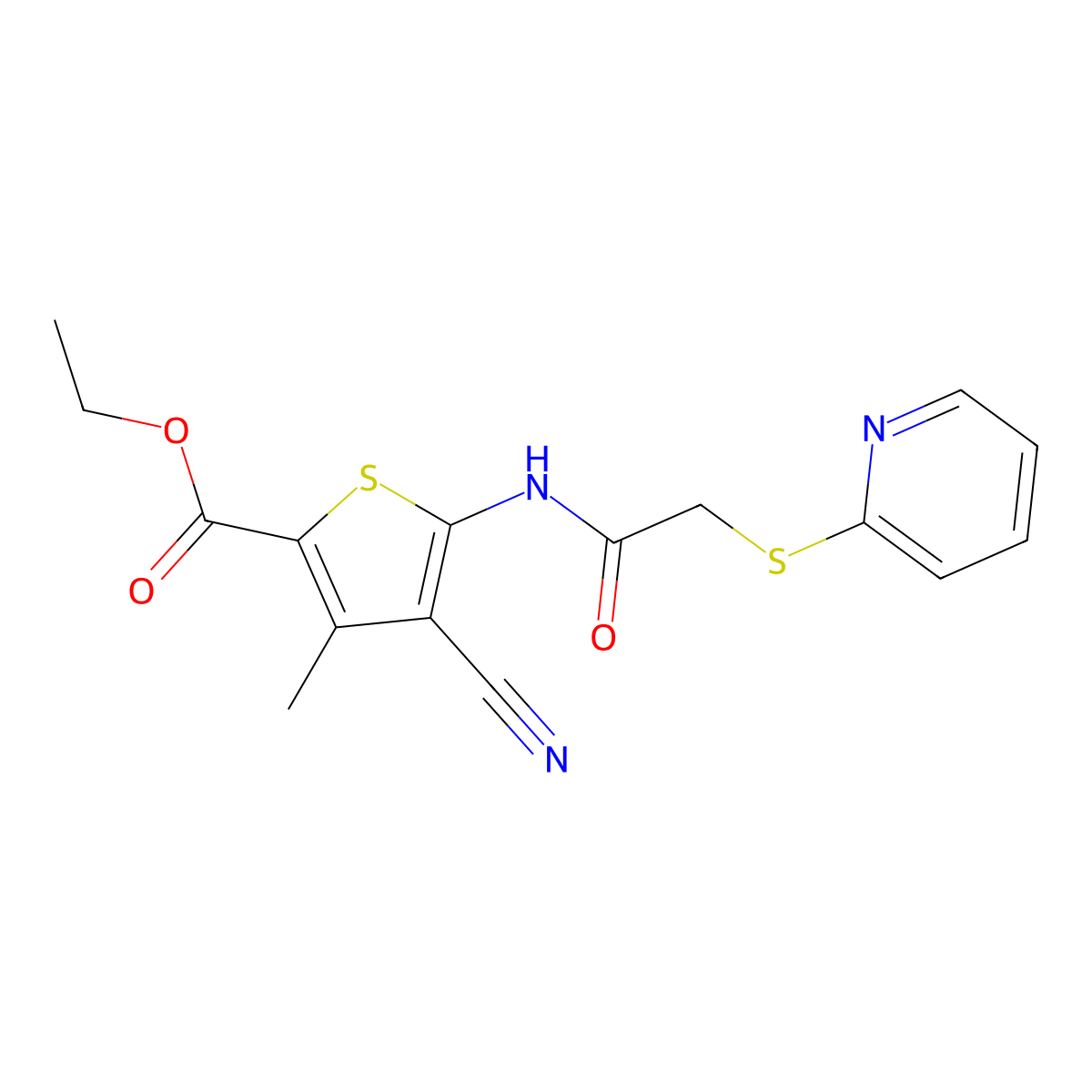 Ethyl 4-cyano-3-methyl-5-(2-(2-pyridylthio)acetylamino)thiophene-2-carboxylate molecular structure, CAS 489401-07-2