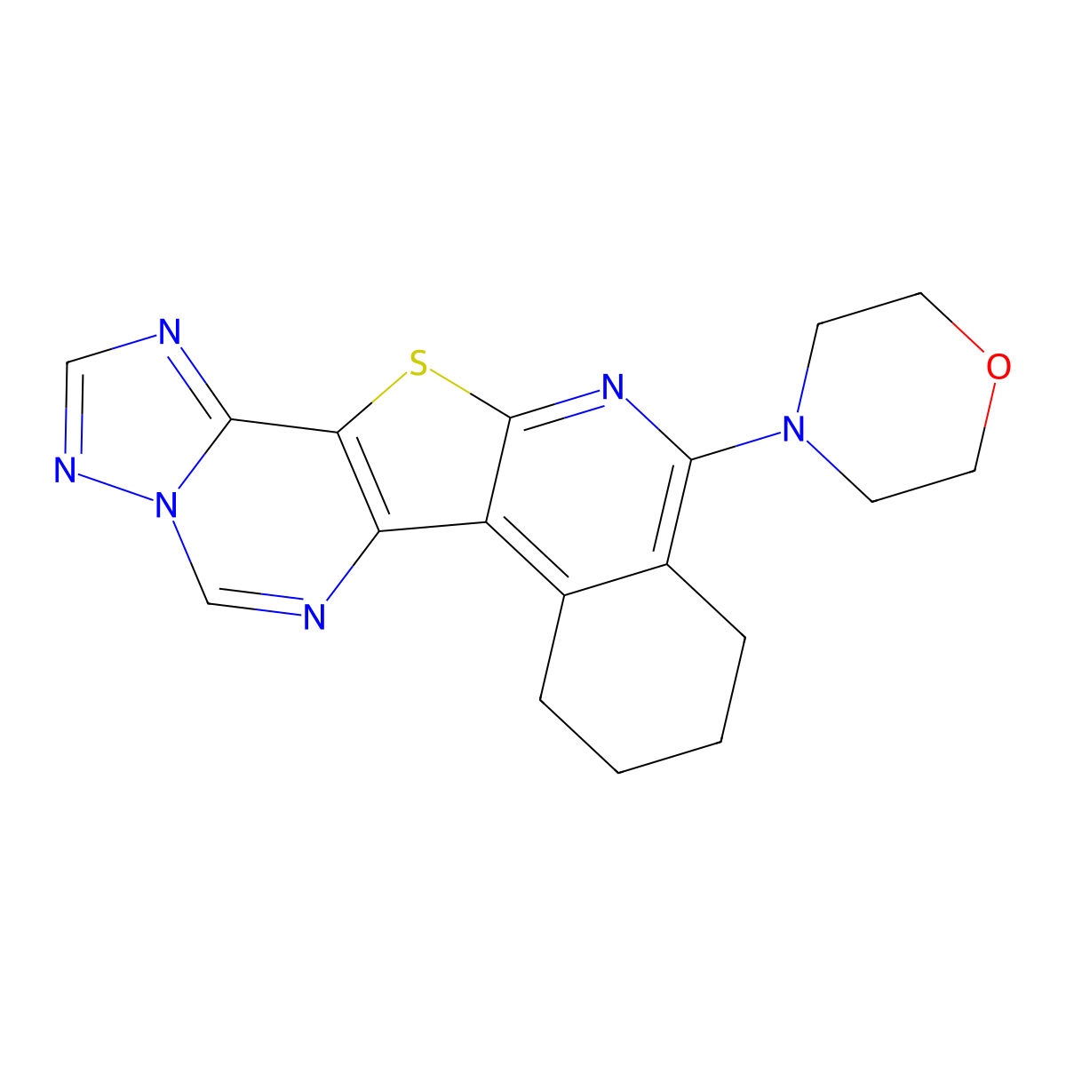 4-(7,8,9,10-Tetrahydro-[1,2,4]triazolo[1'',5'':1',6']pyrimido[4',5':4,5]thieno[2,3-c]isoquinolin-11-yl)morpholine molecular structure, CAS 489401-24-3