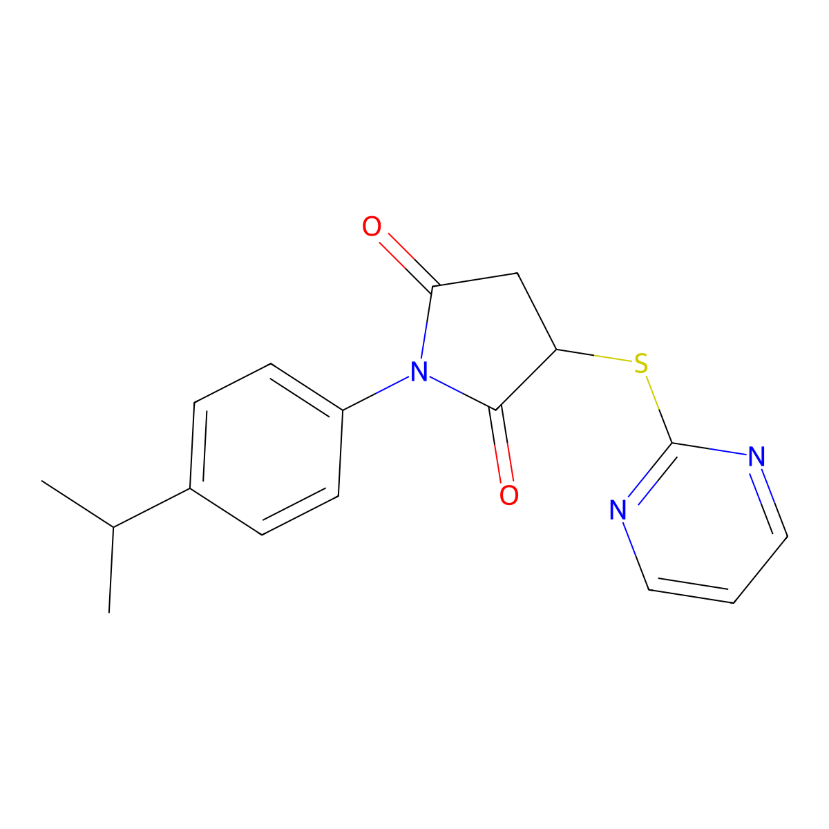 1-(4-Isopropyl-phenyl)-3-(pyrimidin-2-ylsulfanyl)-pyrrolidine-2,5-dione molecular structure, CAS 489401-60-7