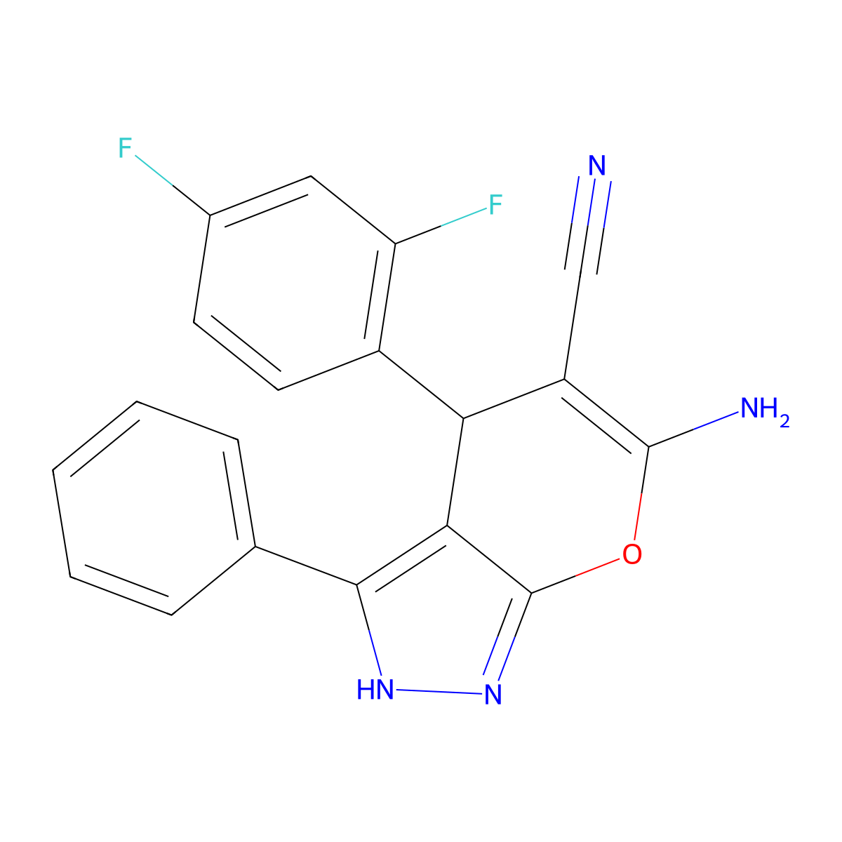 6-Amino-4-(2,4-difluorophenyl)-3-phenyl-1,4-dihydropyrano[2,3-c]pyrazole-5-carbonitrile molecular structure, CAS 489402-38-2
