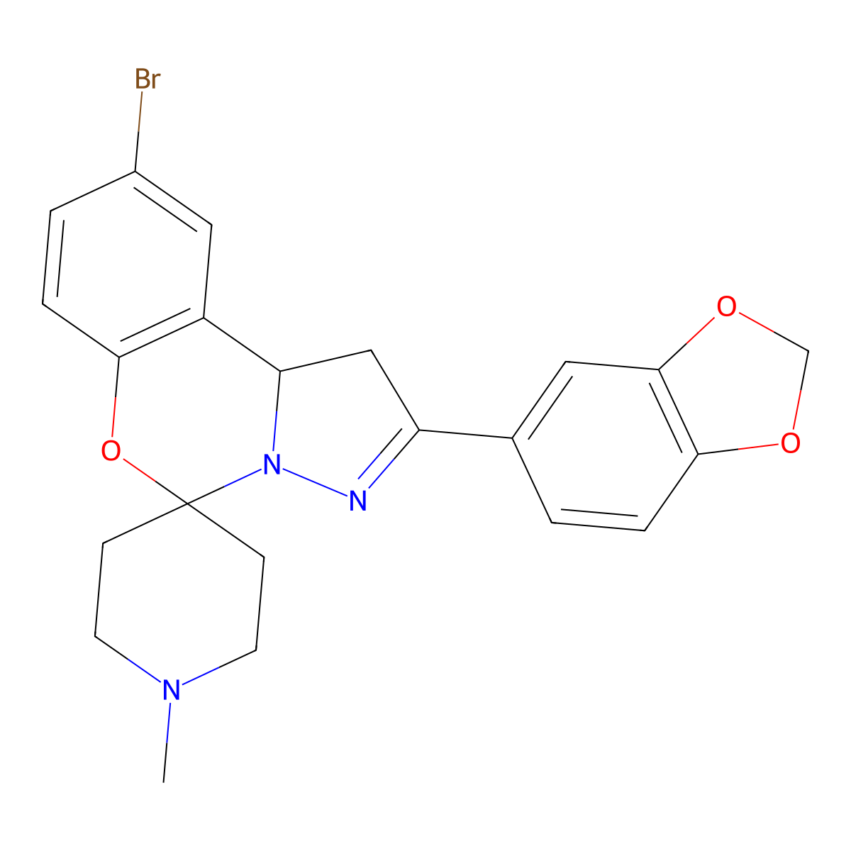 2-(Benzo[d][1,3]dioxol-5-yl)-9-bromo-1'-methyl-1,10b-dihydrospiro[benzo[e]pyrazolo[1,5-c][1,3]oxazine-5,4'-piperidine] molecular structure, CAS 489402-82-6