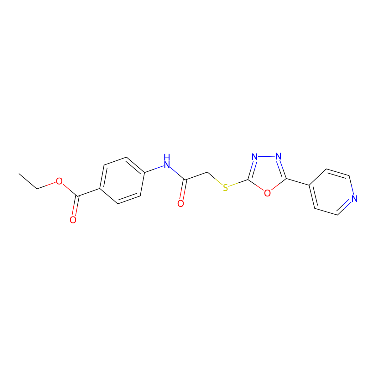 Ethyl 4-[2-(5-(4-pyridyl)-1,3,4-oxadiazol-2-ylthio)acetylamino]benzoate molecular structure, CAS 489402-85-9