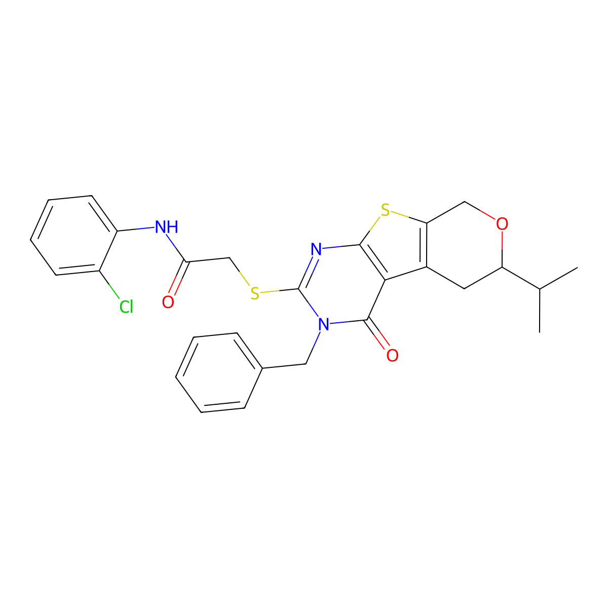 2-[(3-benzyl-4-oxo-6-propan-2-yl-6,8-dihydro-5H-pyrano[2,3]thieno[2,4-b]pyrimidin-2-yl)sulfanyl]-N-(2-chlorophenyl)acetamide molecular structure, CAS 489403-23-8