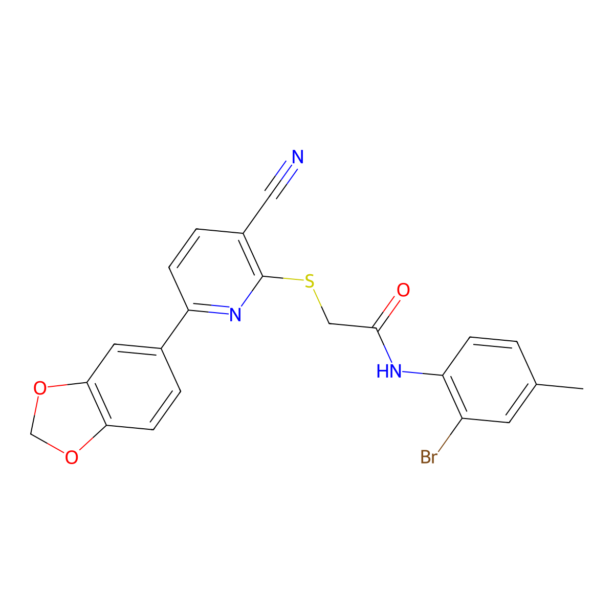 2-[6-(1,3-benzodioxol-5-yl)-3-cyanopyridin-2-yl]sulfanyl-N-(2-bromo-4-methylphenyl)acetamide molecular structure, CAS 489403-48-7