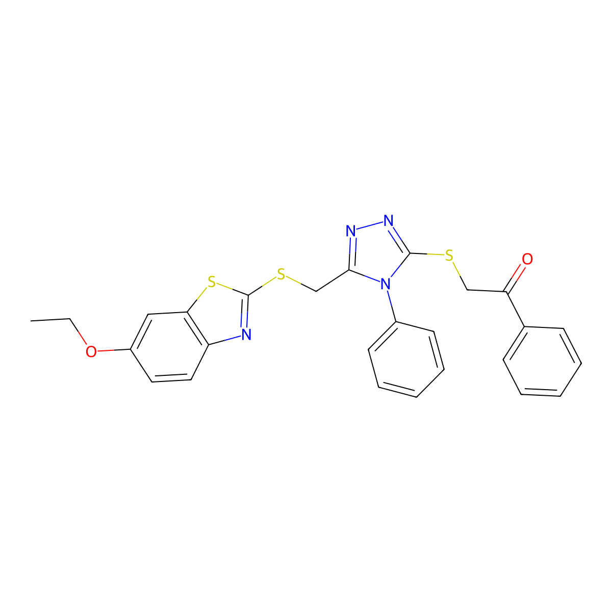 2-[(5-{[(6-ethoxy-1,3-benzothiazol-2-yl)sulfanyl]methyl}-4-phenyl-4H-1,2,4-triazol-3-yl)sulfanyl]-1-phenylethanone molecular structure, CAS 489403-84-1
