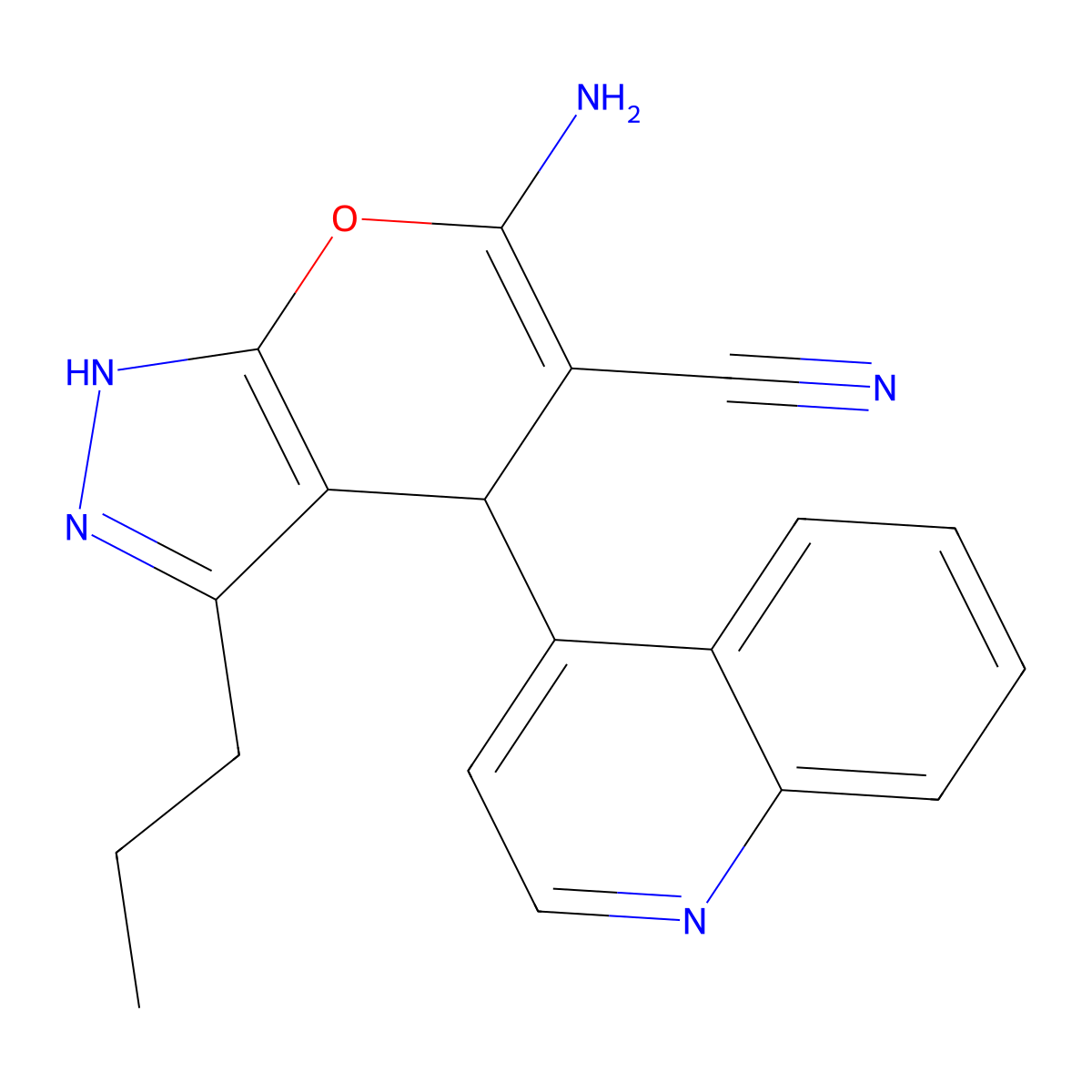 6-Amino-3-propyl-4-quinolin-4-yl-2,4-dihydropyrano[2,3-c]pyrazole-5-carbonitrile molecular structure, CAS 489403-88-5