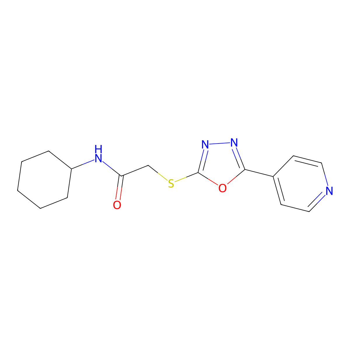 N-cyclohexyl-2-{[5-(4-pyridinyl)-1,3,4-oxadiazol-2-yl]thio}acetamide molecular structure, CAS 489404-16-2