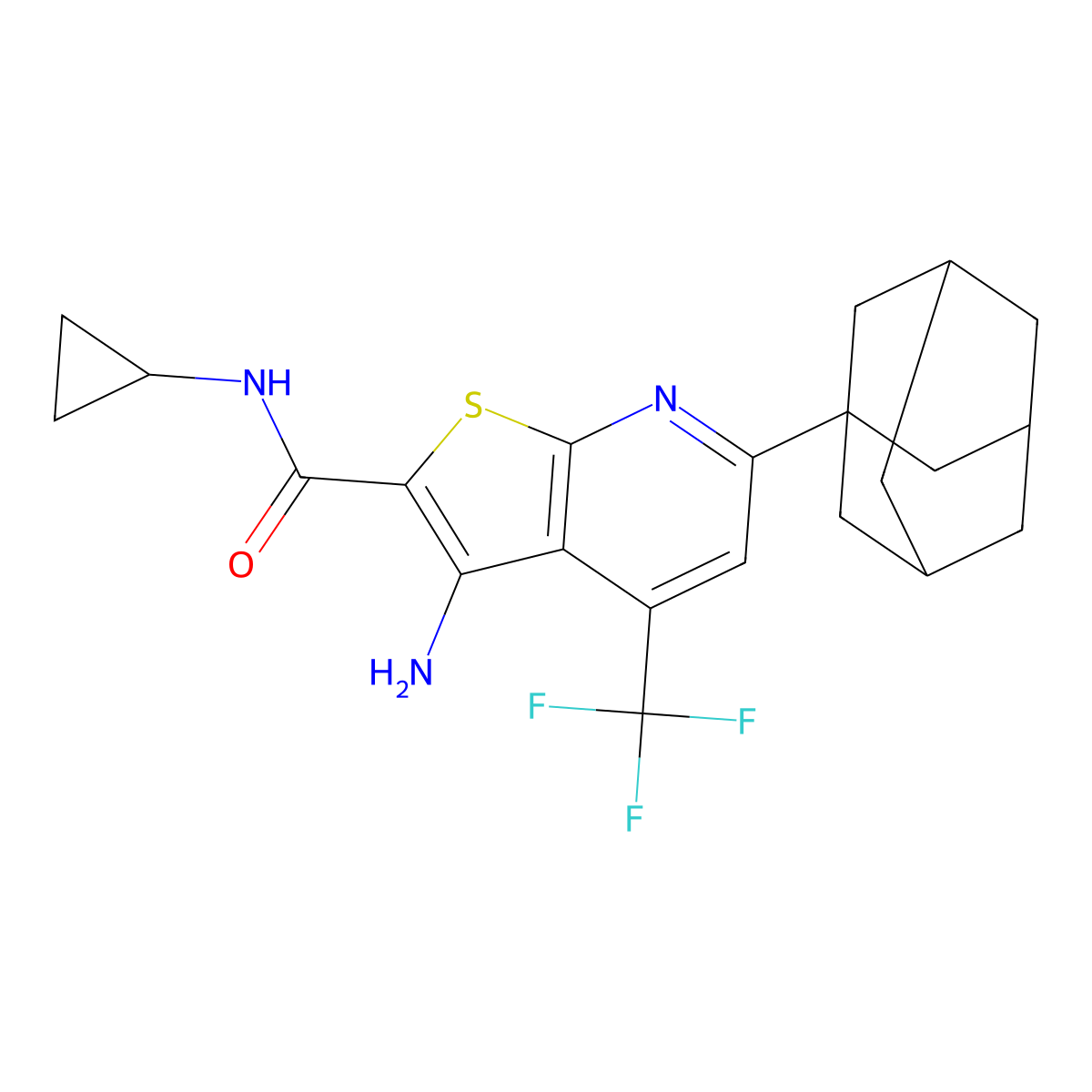 6-(1-adamantyl)-3-amino-N-cyclopropyl-4-(trifluoromethyl)thieno[2,3-b]pyridine-2-carboxamide molecular structure, CAS 489405-10-9
