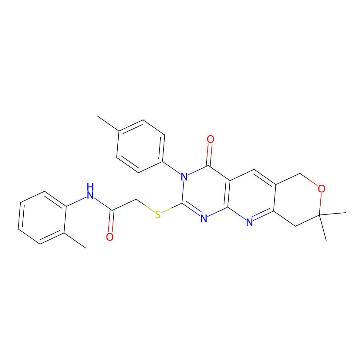 2-[[8,8-dimethyl-3-(4-methylphenyl)-4-oxo-6,9-dihydropyrano[3,4]pyrido[3,5-b]pyrimidin-2-yl]sulfanyl]-N-(2-methylphenyl)acetamide molecular structure, CAS 489405-92-7