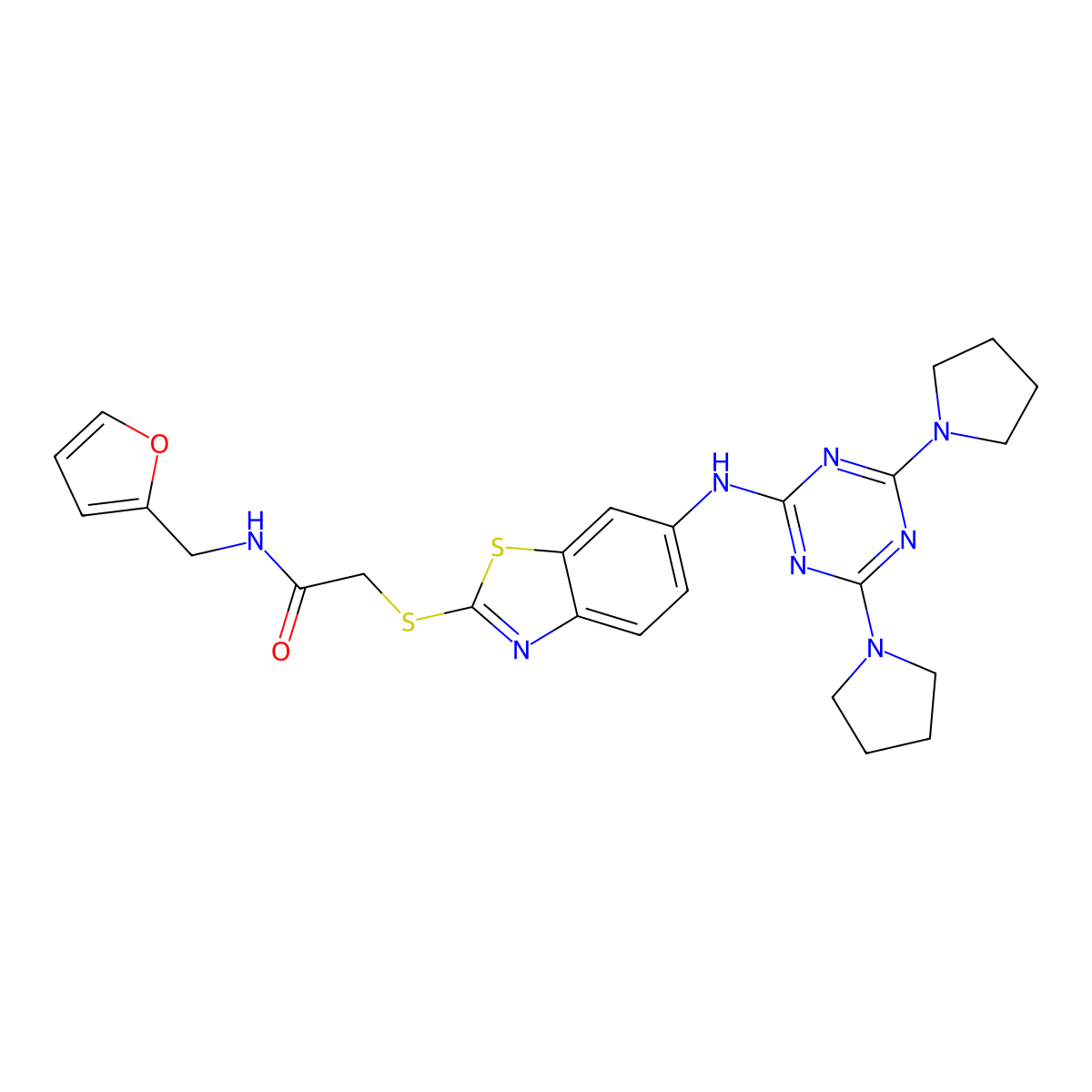 2-(6-(4,6-di(pyrrolidin-1-yl)-1,3,5-triazin-2-ylamino)benzo[d]thiazol-2-ylthio)-N-(furan-2-ylmethyl)acetamide molecular structure, CAS 489406-02-2