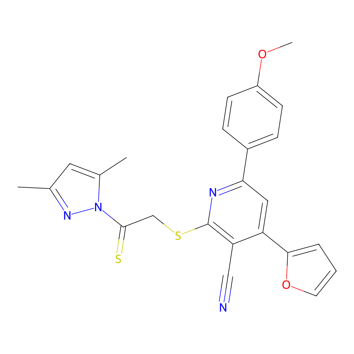 2-[2-(3,5-Dimethylpyrazol-1-yl)-2-sulfanylideneethyl]sulfanyl-4-(furan-2-yl)-6-(4-methoxyphenyl)pyridine-3-carbonitrile molecular structure, CAS 489406-34-0