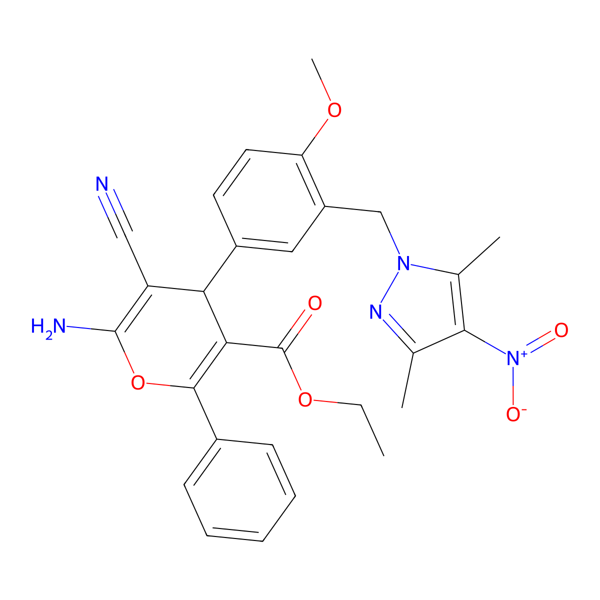 ethyl 6-amino-5-cyano-4-{3-[(3,5-dimethyl-4-nitro-1H-pyrazol-1-yl)methyl]-4-methoxyphenyl}-2-phenyl-4H-pyran-3-carboxylate molecular structure, CAS 489406-38-4