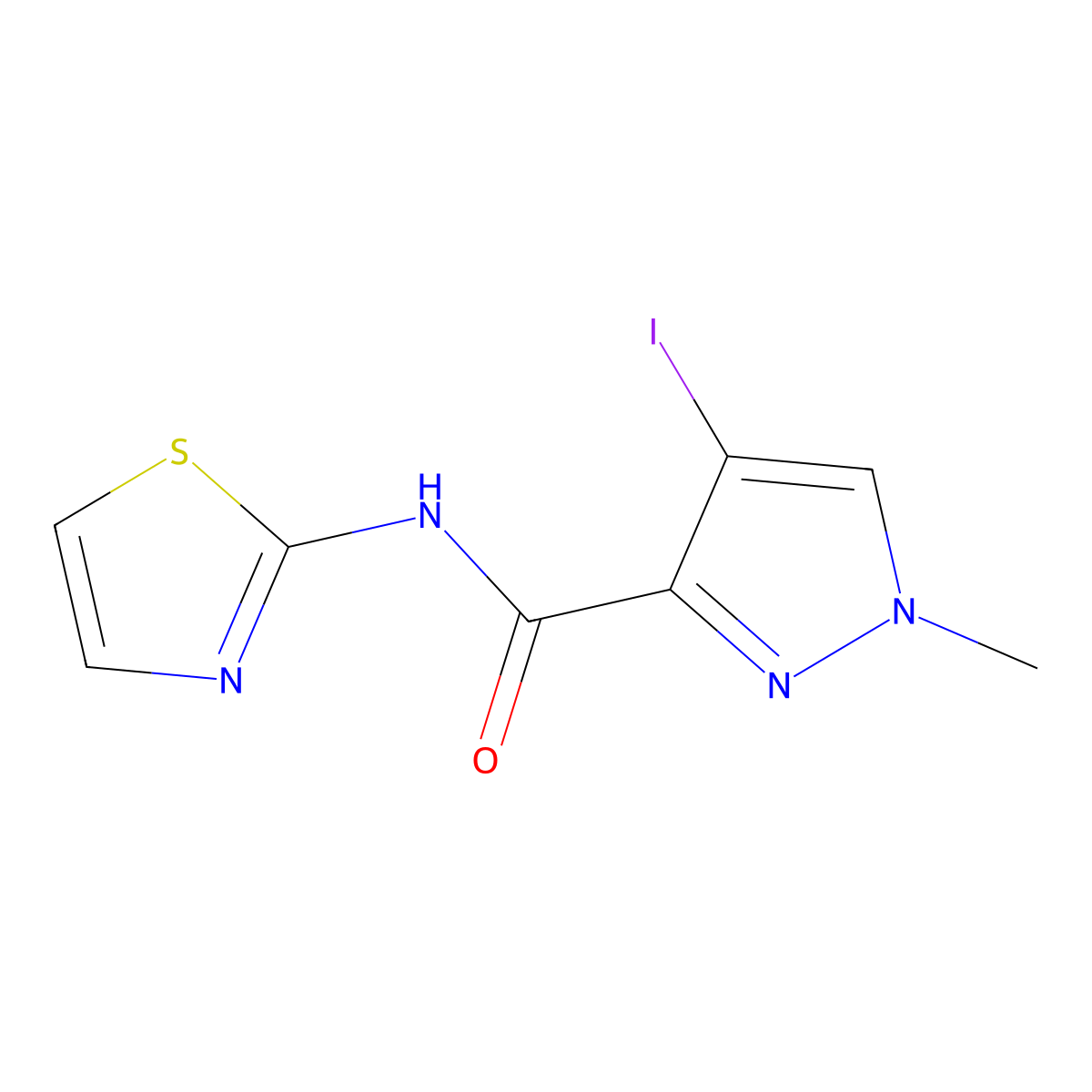 4-iodo-1-methyl-N-(1,3-thiazol-2-yl)pyrazole-3-carboxamide molecular structure, CAS 489406-47-5