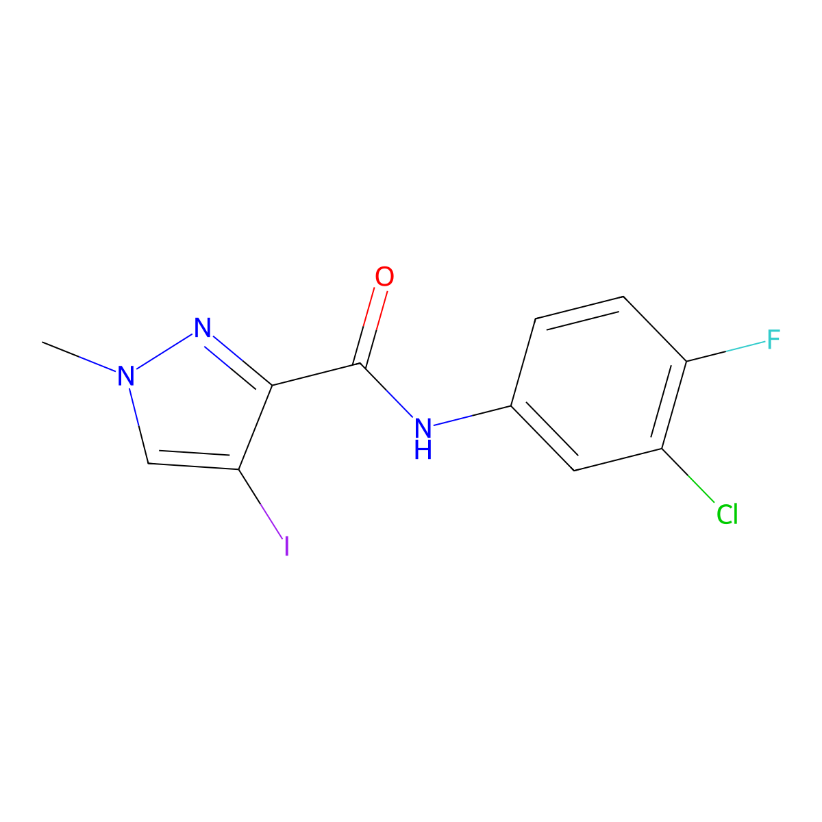 N-(3-chloro-4-fluorophenyl)-4-iodo-1-methyl-1H-pyrazole-3-carboxamide molecular structure, CAS 489406-59-9