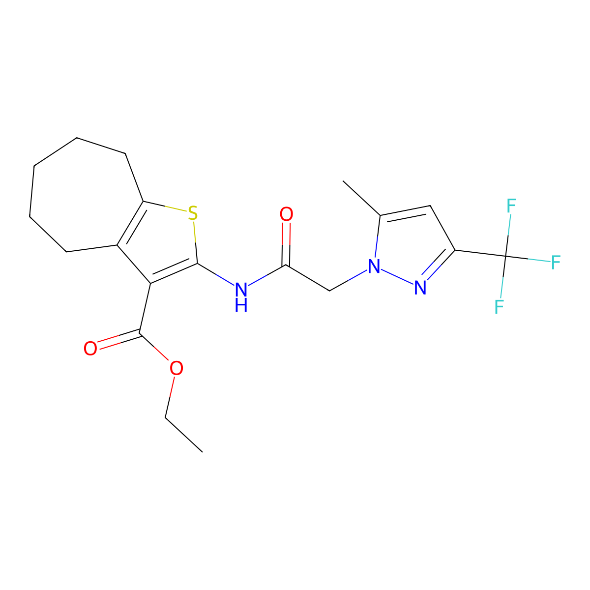 ethyl 2-({[5-methyl-3-(trifluoromethyl)-1H-pyrazol-1-yl]acetyl}amino)-5,6,7,8-tetrahydro-4H-cyclohepta[b]thiophene-3-carboxylate molecular structure, CAS 489406-72-6