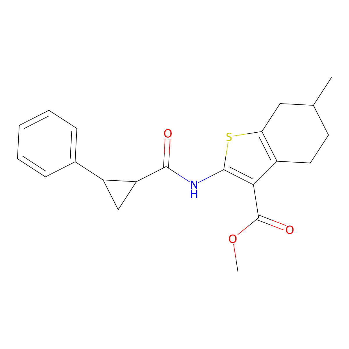 Methyl 6-methyl-2-{[(2-phenylcyclopropyl)carbonyl]amino}-4,5,6,7-tetrahydro-1-benzothiophene-3-carboxylate molecular structure, CAS 489407-06-9