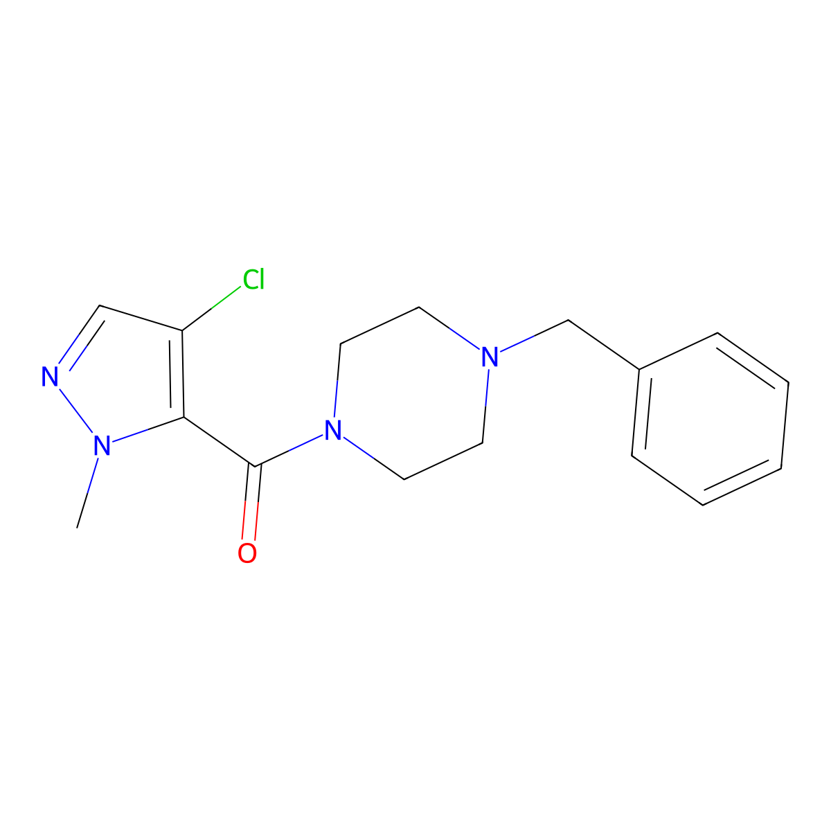 (4-Benzylpiperazin-1-yl)-(4-chloro-2-methylpyrazol-3-yl)methanone molecular structure, CAS 489407-08-1