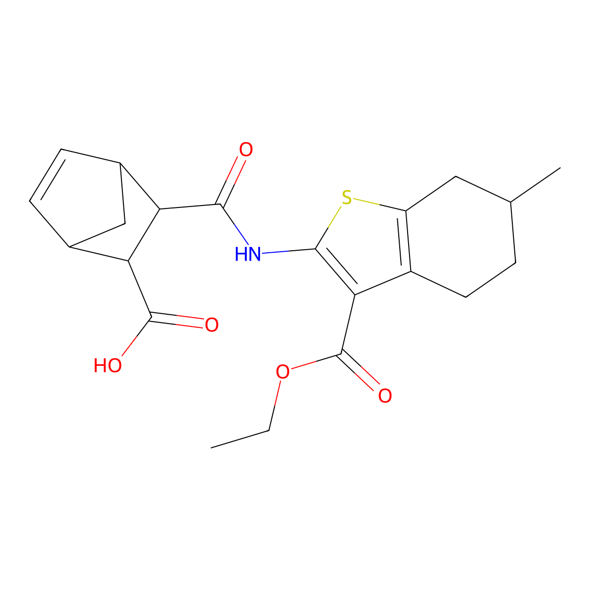 3-({[3-(Ethoxycarbonyl)-6-methyl-4,5,6,7-tetrahydro-1-benzothien-2-yl]amino}carbonyl)bicyclo[2.2.1]hept-5-ene-2-carboxylic acid molecular structure, CAS 489407-19-4