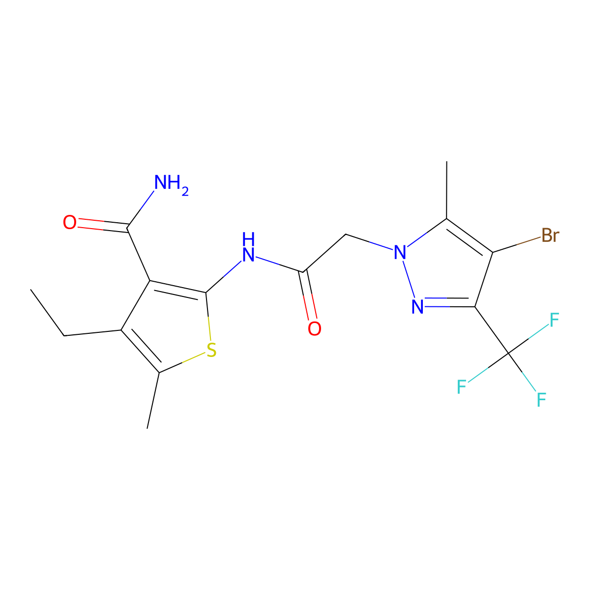 2-[[2-[4-Bromo-5-methyl-3-(trifluoromethyl)pyrazol-1-yl]acetyl]amino]-4-ethyl-5-methylthiophene-3-carboxamide molecular structure, CAS 489407-24-1