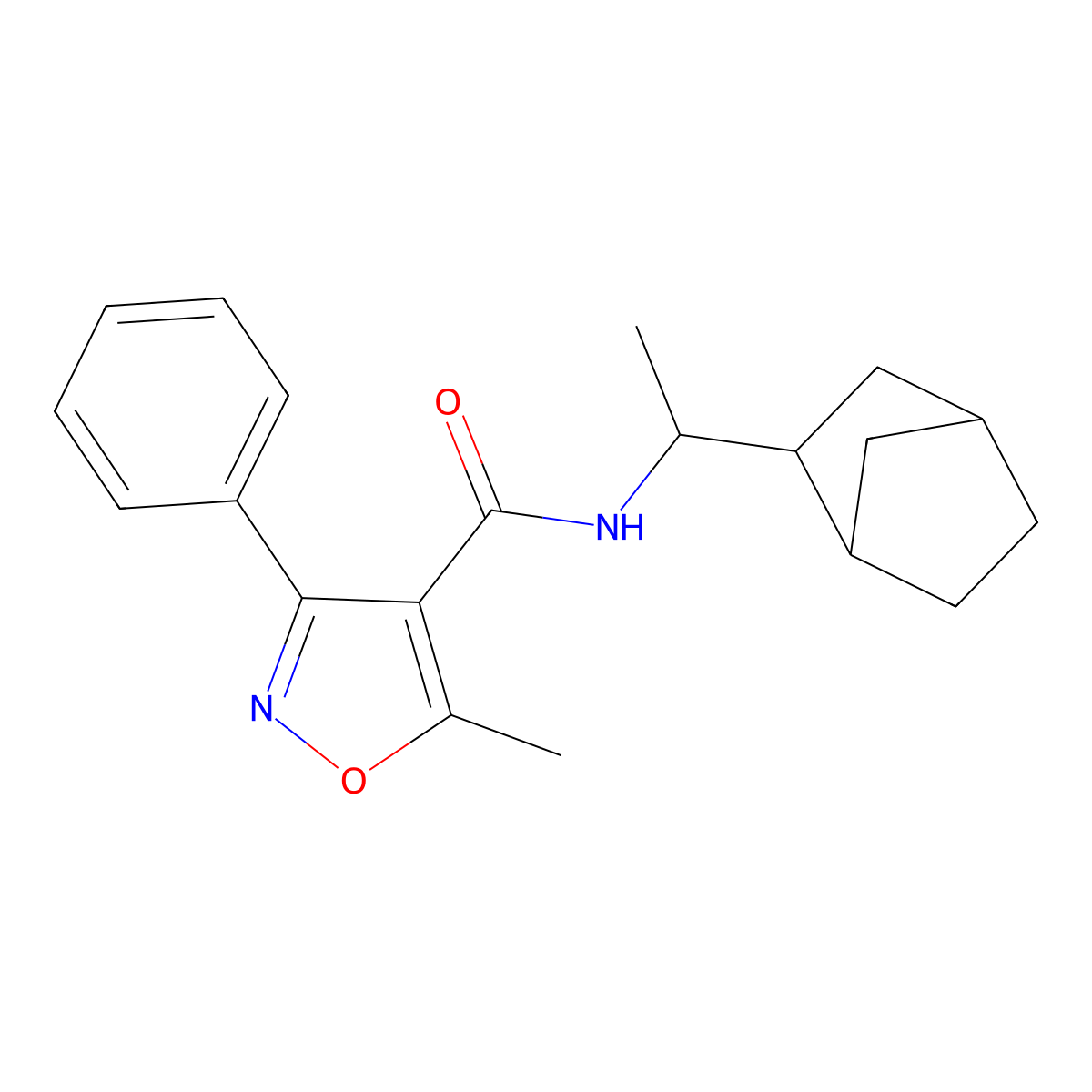 N-(1-bicyclo[2.2.1]hept-2-ylethyl)-5-methyl-3-phenyl-4-isoxazolecarboxamide molecular structure, CAS 489407-32-1