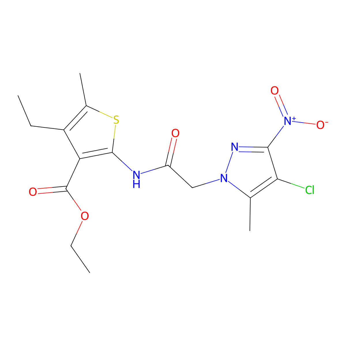 Ethyl 2-[[2-(4-chloro-5-methyl-3-nitropyrazol-1-yl)acetyl]amino]-4-ethyl-5-methylthiophene-3-carboxylate molecular structure, CAS 489407-47-8