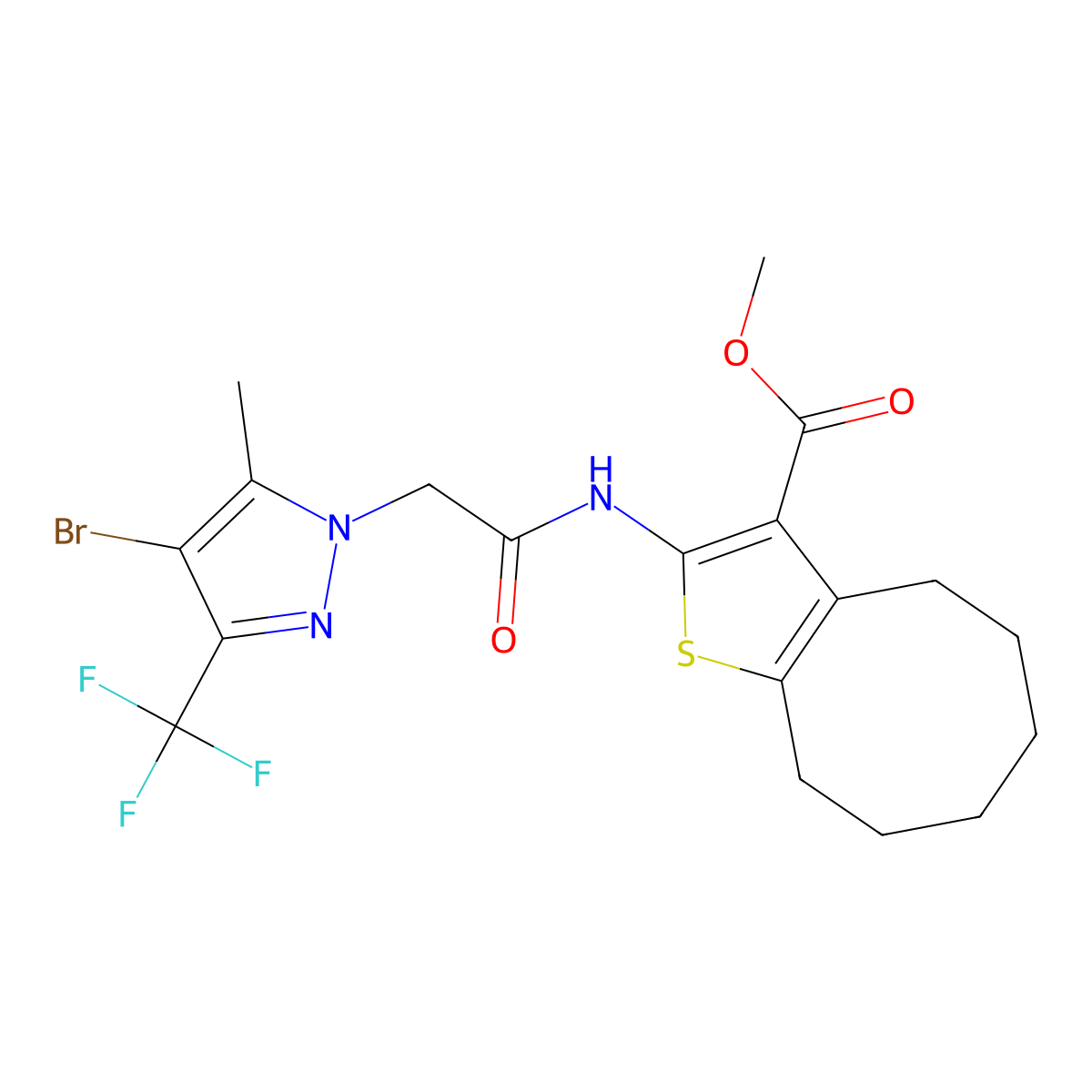 methyl 2-({[4-bromo-5-methyl-3-(trifluoromethyl)-1H-pyrazol-1-yl]acetyl}amino)-4,5,6,7,8,9-hexahydrocycloocta[b]thiophene-3-carboxylate molecular structure, CAS 489407-55-8