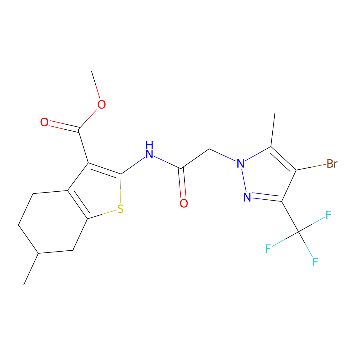 methyl 2-({[4-bromo-5-methyl-3-(trifluoromethyl)-1H-pyrazol-1-yl]acetyl}amino)-6-methyl-4,5,6,7-tetrahydro-1-benzothiophene-3-carboxylate molecular structure, CAS 489407-96-7