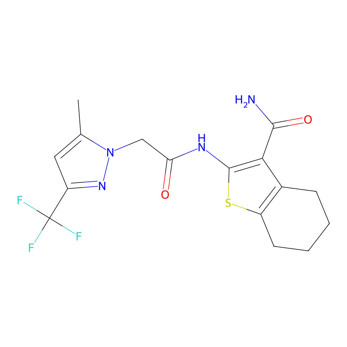 2-(((5-methyl-3-(trifluoromethyl)-1H-pyrazol-1-yl)acetyl)amino)-4,5,6,7-tetrahydro-1-benzothiophene-3-carboxamide molecular structure, CAS 489408-02-8