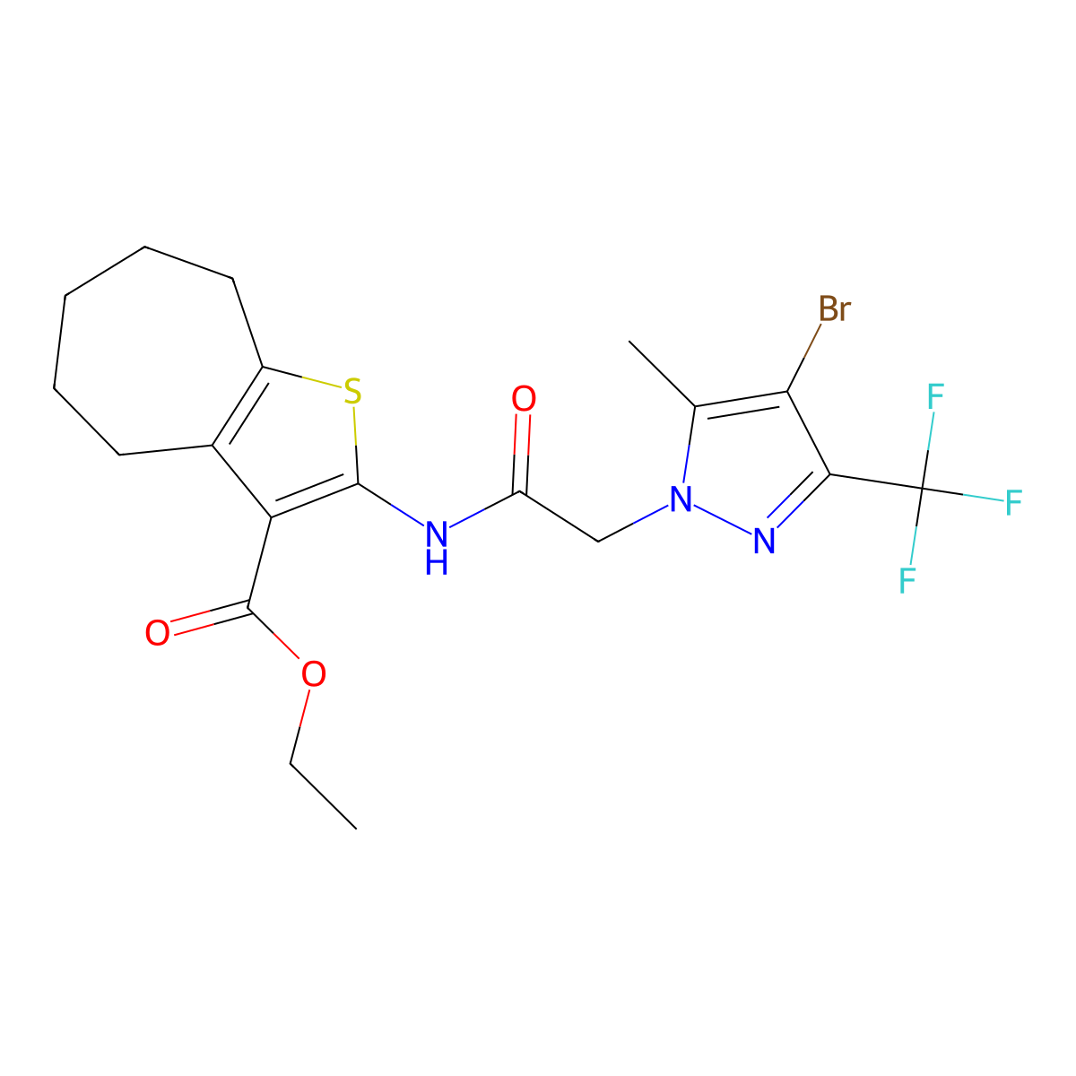 ethyl 2-({[4-bromo-5-methyl-3-(trifluoromethyl)-1H-pyrazol-1-yl]acetyl}amino)-5,6,7,8-tetrahydro-4H-cyclohepta[b]thiophene-3-carboxylate molecular structure, CAS 489408-13-1