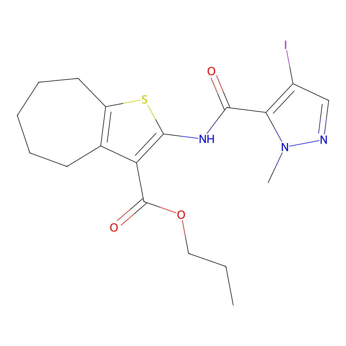 propyl 2-[(4-iodo-2-methylpyrazole-3-carbonyl)amino]-5,6,7,8-tetrahydro-4H-cyclohepta[b]thiophene-3-carboxylate molecular structure, CAS 489408-17-5