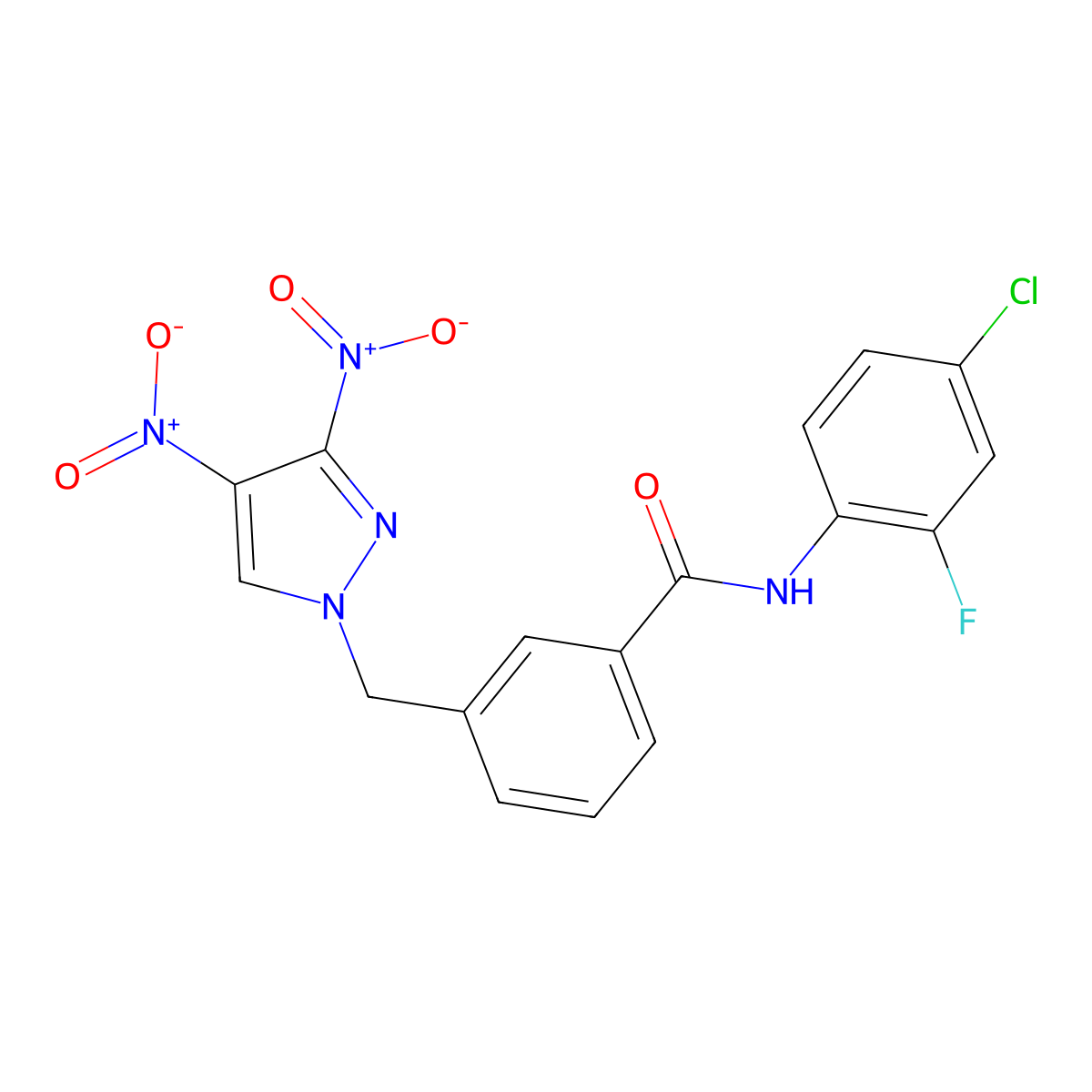 3-({3,4-bisnitro-1H-pyrazol-1-yl}methyl)-N-(4-chloro-2-fluorophenyl)benzamide molecular structure, CAS 489408-34-6