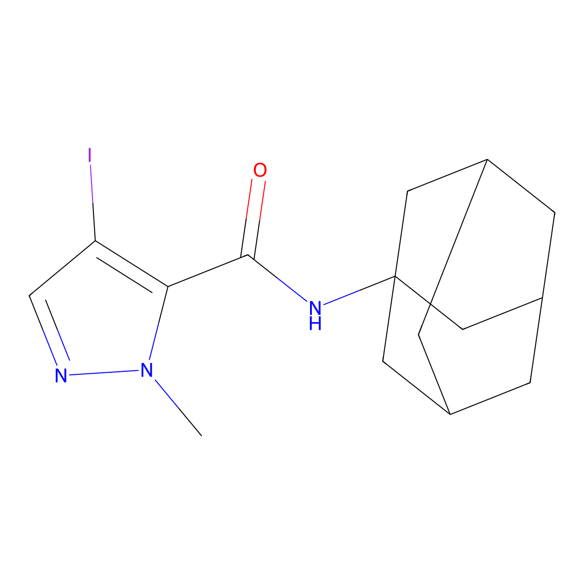 N-(1-adamantyl)-4-iodo-2-methylpyrazole-3-carboxamide molecular structure, CAS 489408-46-0
