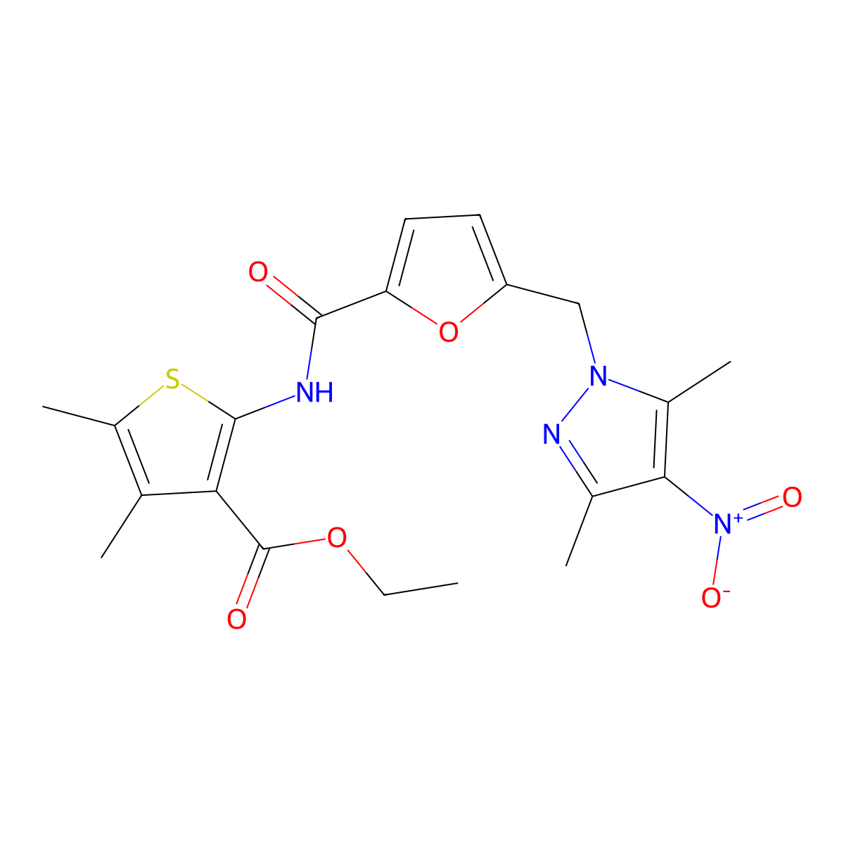 Ethyl 2-[[5-[(3,5-dimethyl-4-nitropyrazol-1-yl)methyl]furan-2-carbonyl]amino]-4,5-dimethylthiophene-3-carboxylate molecular structure, CAS 489408-49-3