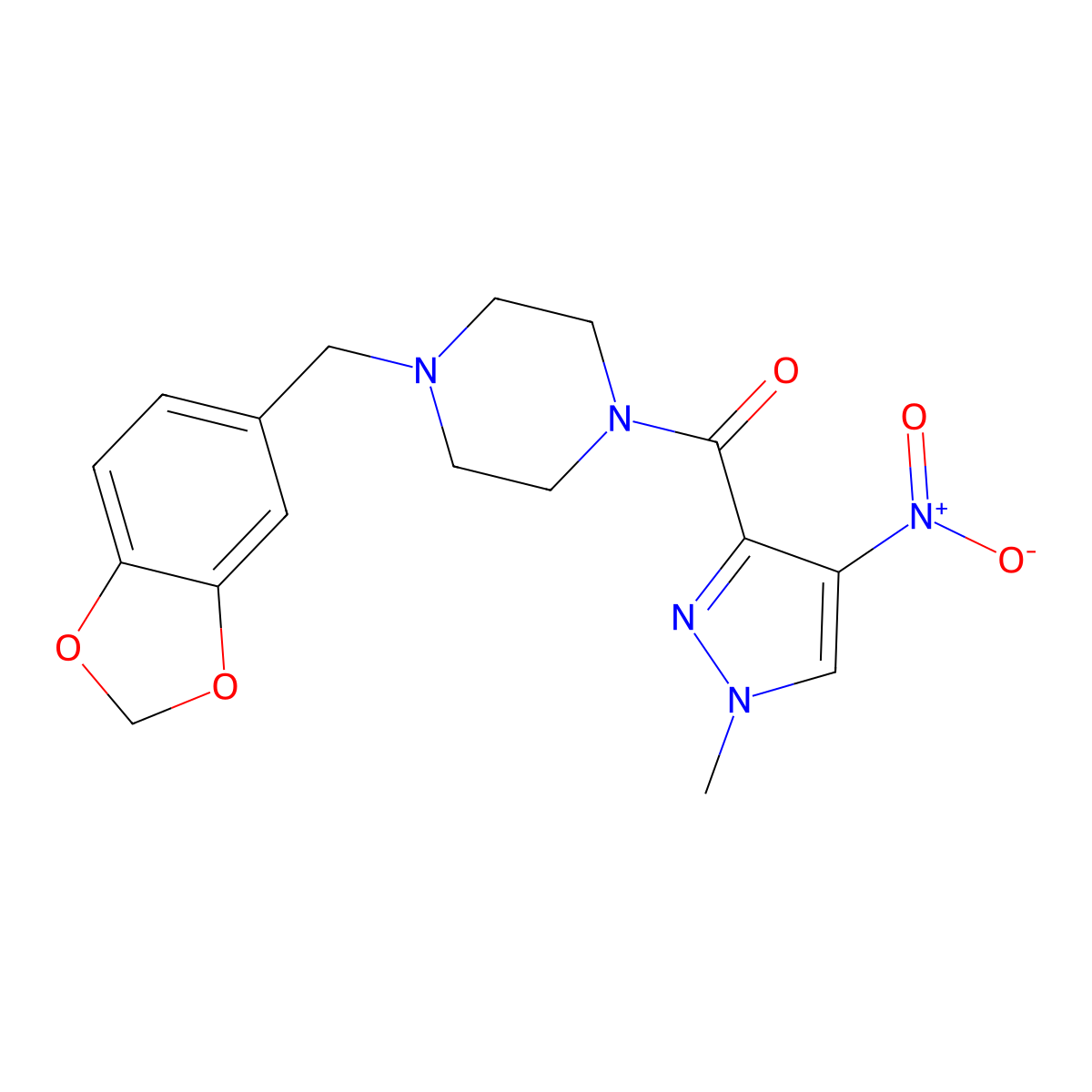 [4-(1,3-Benzodioxol-5-ylmethyl)piperazin-1-yl]-(1-methyl-4-nitropyrazol-3-yl)methanone molecular structure, CAS 489408-91-5