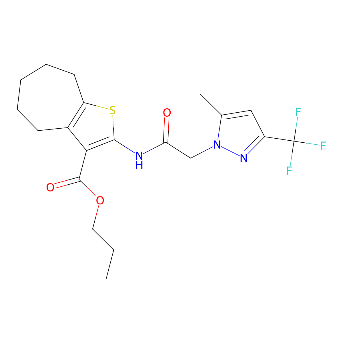 propyl 2-[[2-[5-methyl-3-(trifluoromethyl)pyrazol-1-yl]acetyl]amino]-5,6,7,8-tetrahydro-4H-cyclohepta[b]thiophene-3-carboxylate molecular structure, CAS 489409-10-1
