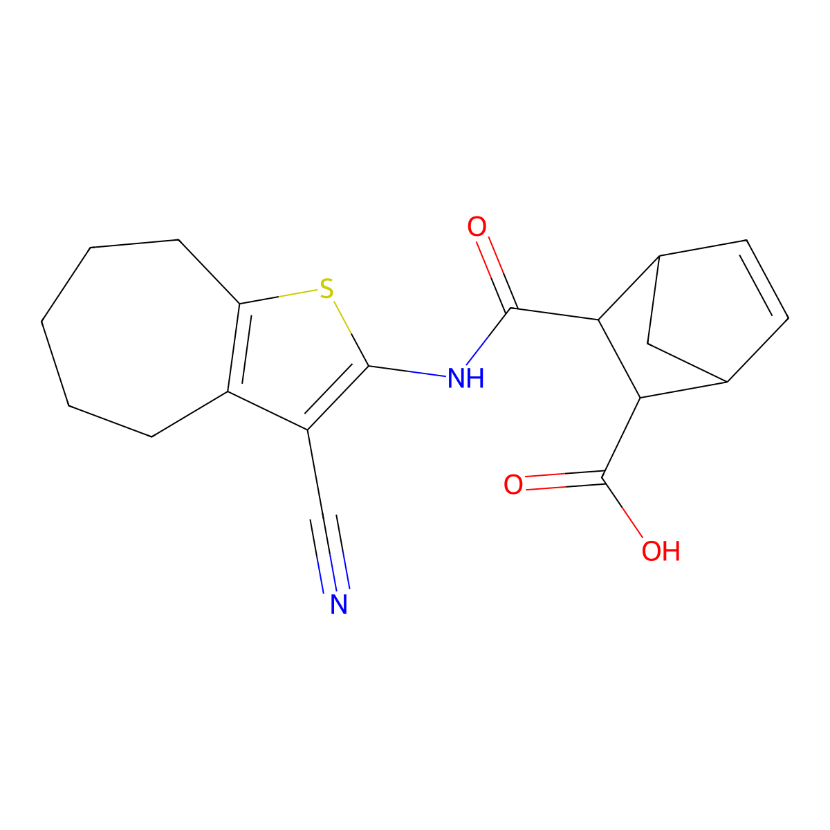 2-[(3-cyano-5,6,7,8-tetrahydro-4H-cyclohepta[b]thiophen-2-yl)carbamoyl]bicyclo[2.2.1]hept-5-ene-3-carboxylic acid molecular structure, CAS 489409-48-5