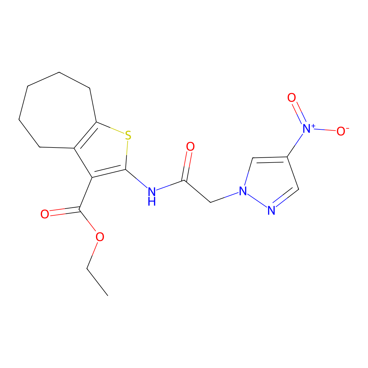 ethyl 2-[[2-(4-nitropyrazol-1-yl)acetyl]amino]-5,6,7,8-tetrahydro-4H-cyclohepta[b]thiophene-3-carboxylate molecular structure, CAS 489410-03-9