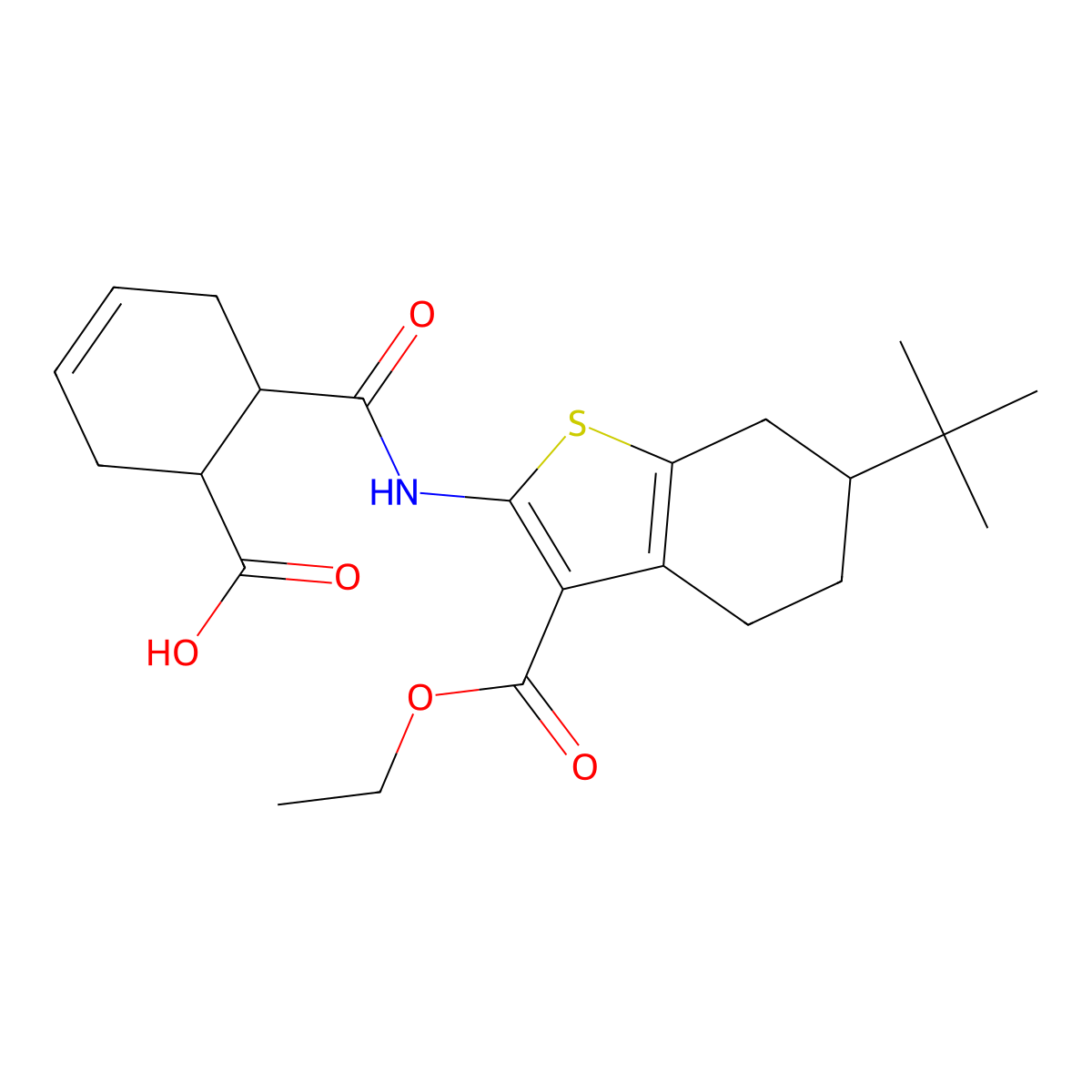 6-[(6-Tert-butyl-3-ethoxycarbonyl-4,5,6,7-tetrahydro-1-benzothiophen-2-yl)carbamoyl]cyclohex-3-ene-1-carboxylic acid molecular structure, CAS 489410-08-4