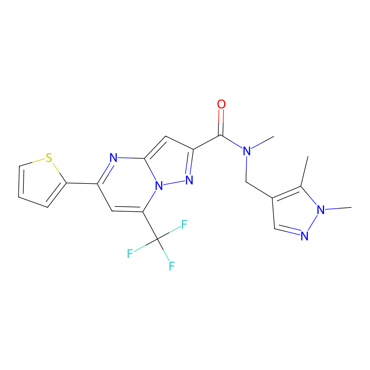 N-[(1,5-dimethylpyrazol-4-yl)methyl]-N-methyl-5-thiophen-2-yl-7-(trifluoromethyl)pyrazolo[1,5-a]pyrimidine-2-carboxamide molecular structure, CAS 489410-43-7