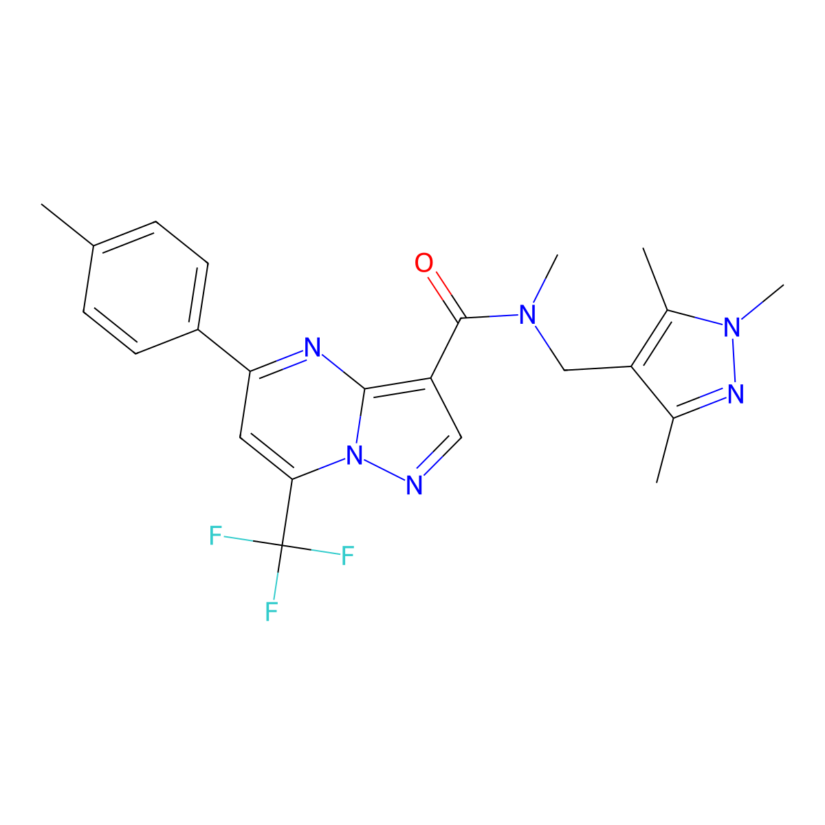 N-methyl-5-(4-methylphenyl)-7-(trifluoromethyl)-N-[(1,3,5-trimethyl-1H-pyrazol-4-yl)methyl]pyrazolo[1,5-a]pyrimidine-3-carboxamide molecular structure, CAS 489410-54-0