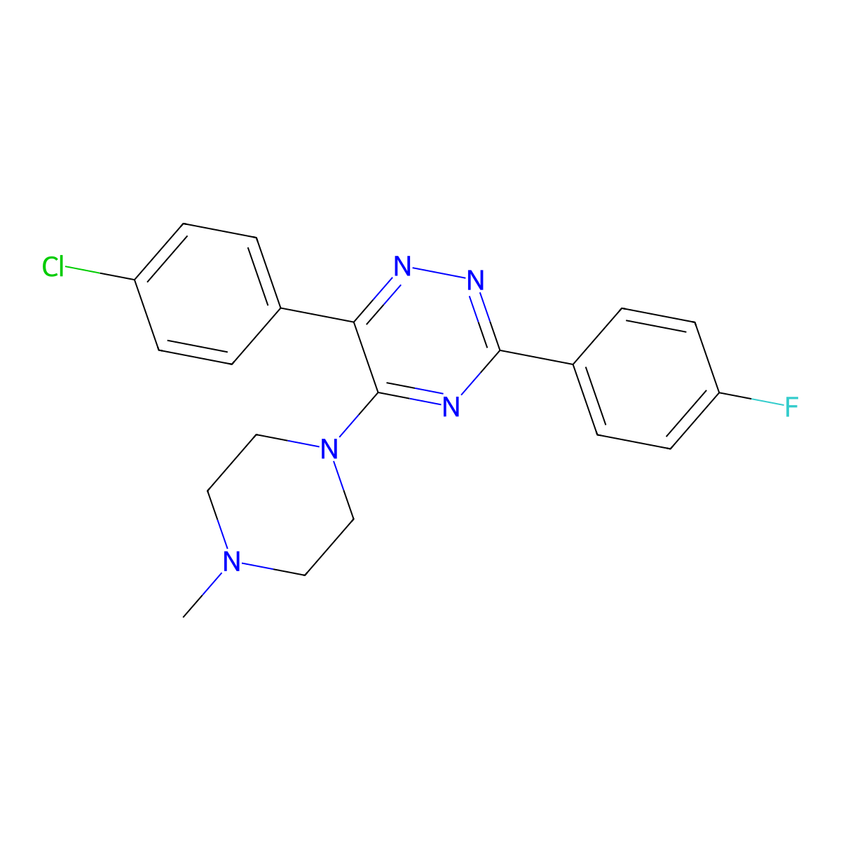 6-(4-Chlorophenyl)-3-(4-fluorophenyl)-5-(4-methylpiperazin-1-yl)-1,2,4-triazine molecular structure, CAS 489411-72-5