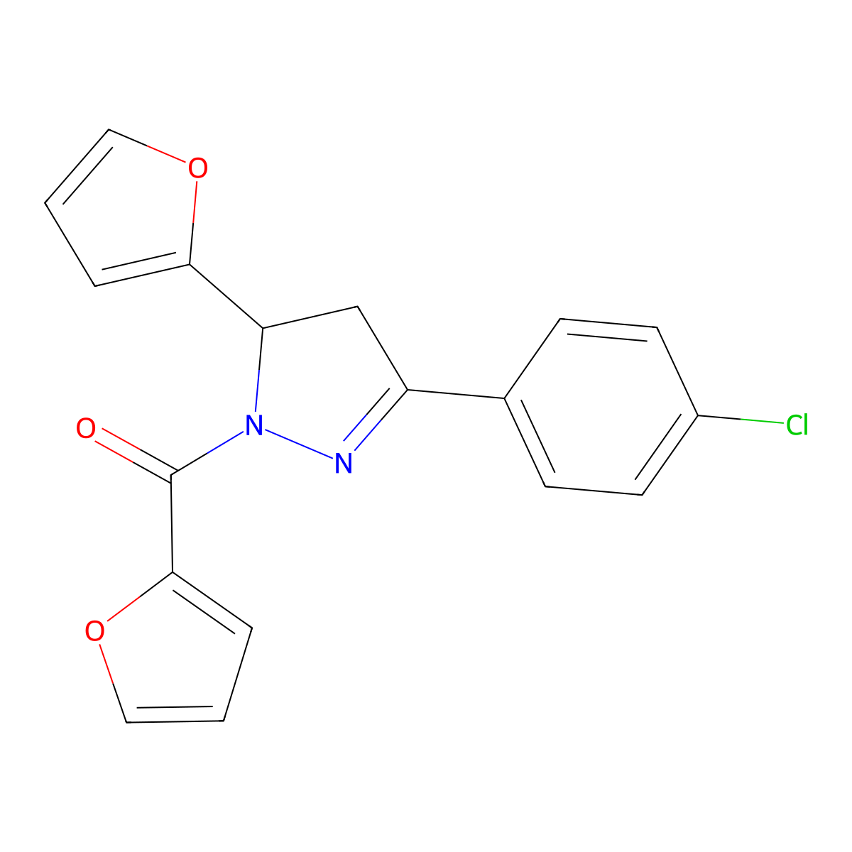 (3-(4-chlorophenyl)-5-(furan-2-yl)-4,5-dihydro-1H-pyrazol-1-yl)(furan-2-yl)methanone molecular structure, CAS 489413-54-9