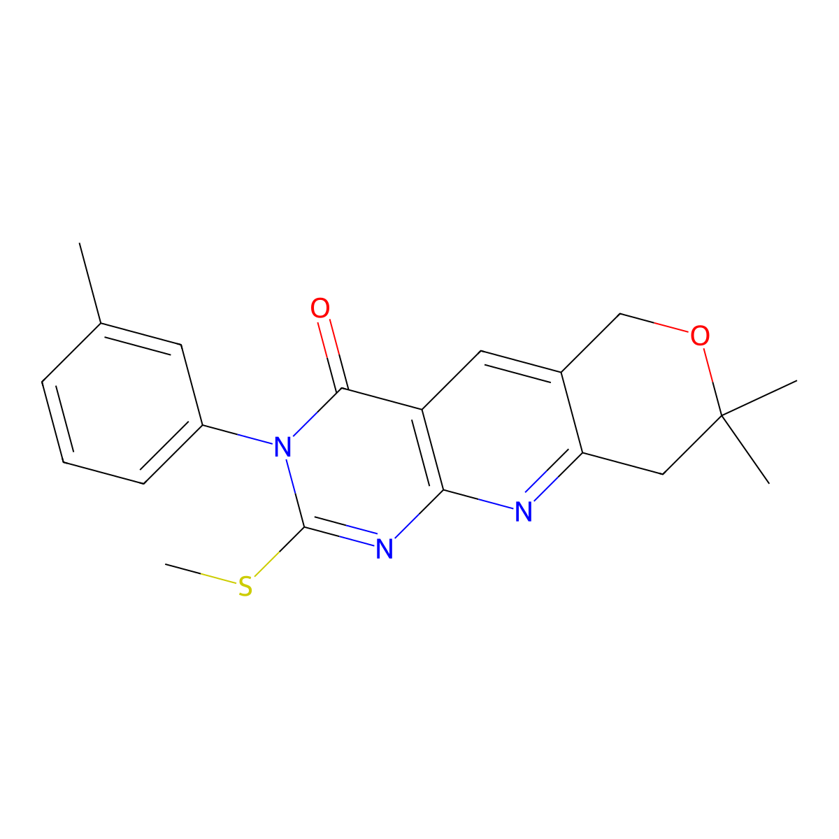 7,7-Dimethyl-2-methylsulfanyl-3-m-tolyl-3,5,7,8-tetrahydro-6-oxa-1,3,9-triaza-anthracen-4-one molecular structure, CAS 489413-64-1