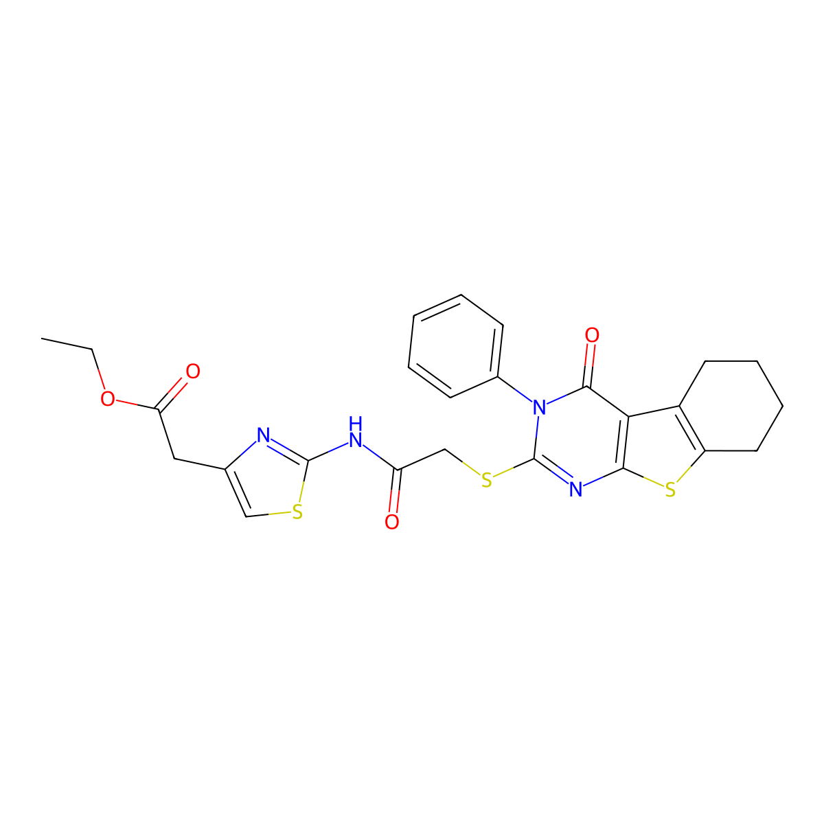 Ethyl 2-{2-[2-(4-oxo-3-phenyl-3,5,6,7,8-pentahydrobenzo[b]thiopheno[2,3-d]pyri midin-2-ylthio)acetylamino]-1,3-thiazol-4-yl}acetate molecular structure, CAS 489413-68-5