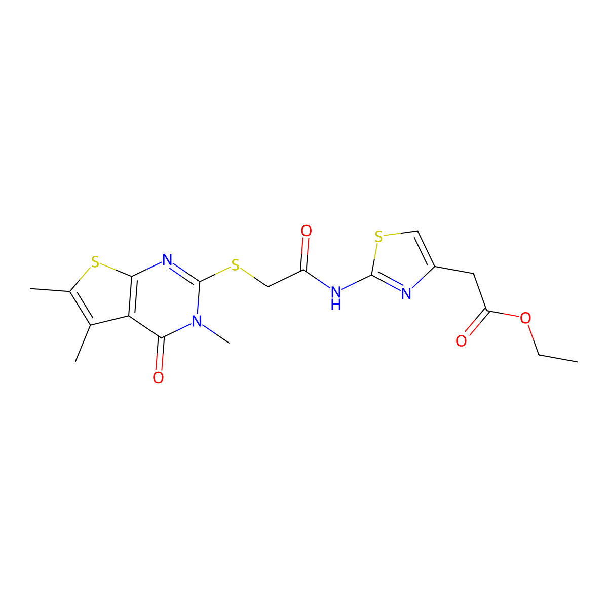 Ethyl 2-[2-[[2-(3,5,6-trimethyl-4-oxothieno[2,3-d]pyrimidin-2-yl)sulfanylacetyl]amino]-1,3-thiazol-4-yl]acetate molecular structure, CAS 489413-78-7