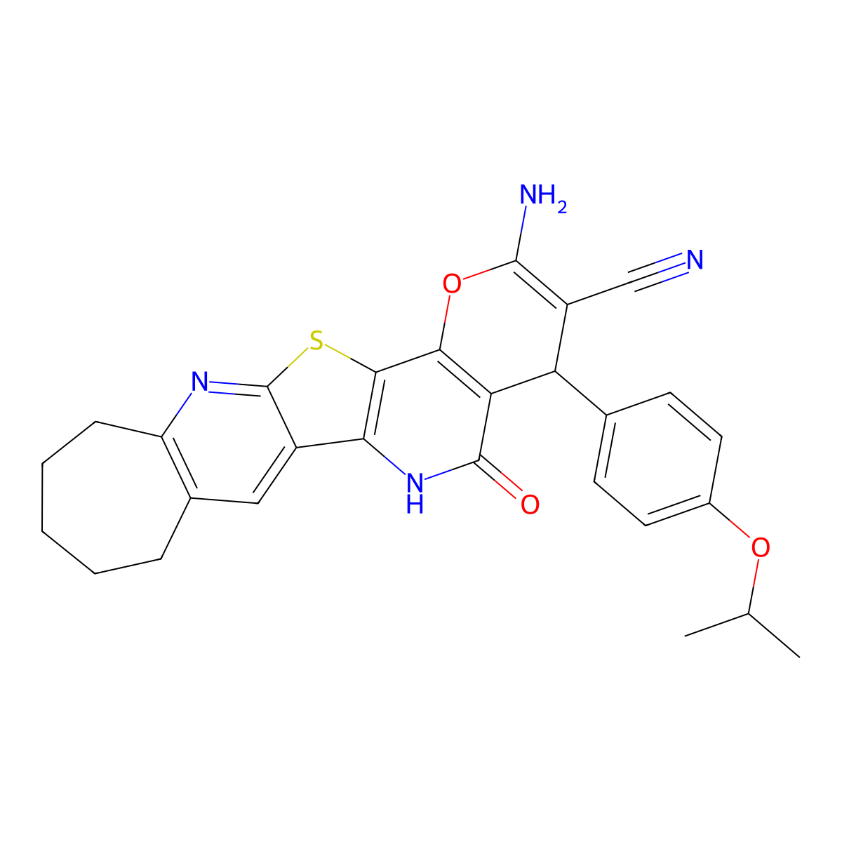 2-Amino-4-(4-isopropoxyphenyl)-5-oxo-4,5,6,8,9,10,11,12-octahydrocyclohepta[b]pyrano[2'',3'':4',5']pyrido[2',3':4,5]thieno[3,2-e]pyridine-3-carbonitrile molecular structure, CAS 489413-91-4