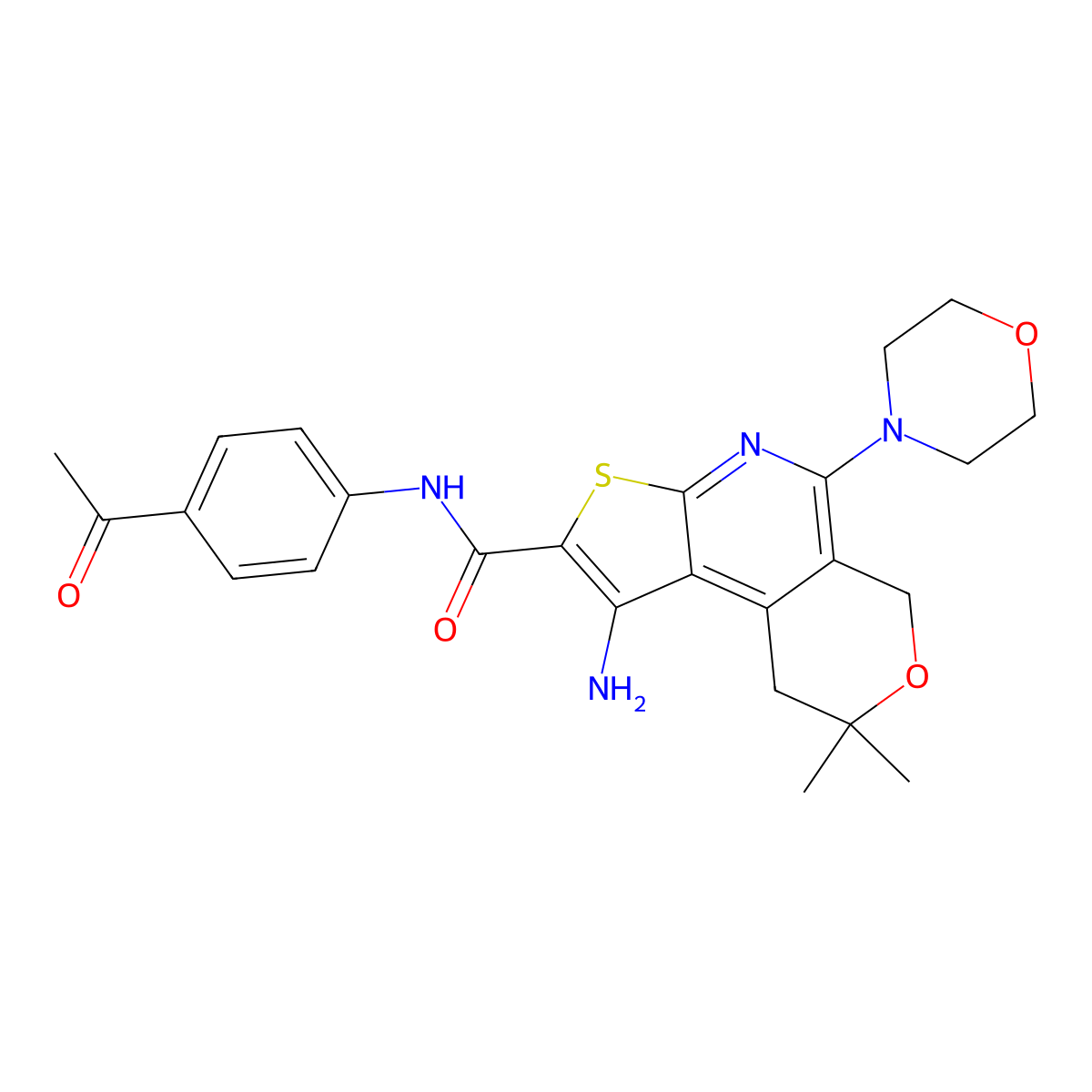 N-(4-acetylphenyl)-1-amino-8,8-dimethyl-5-morpholino-8,9-dihydro-6H-pyrano[4,3-d]thieno[2,3-b]pyridine-2-carboxamide molecular structure, CAS 489414-10-0